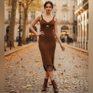 Adrianna Papell Chocolate Brown Midi Dress with Fringe Detail
